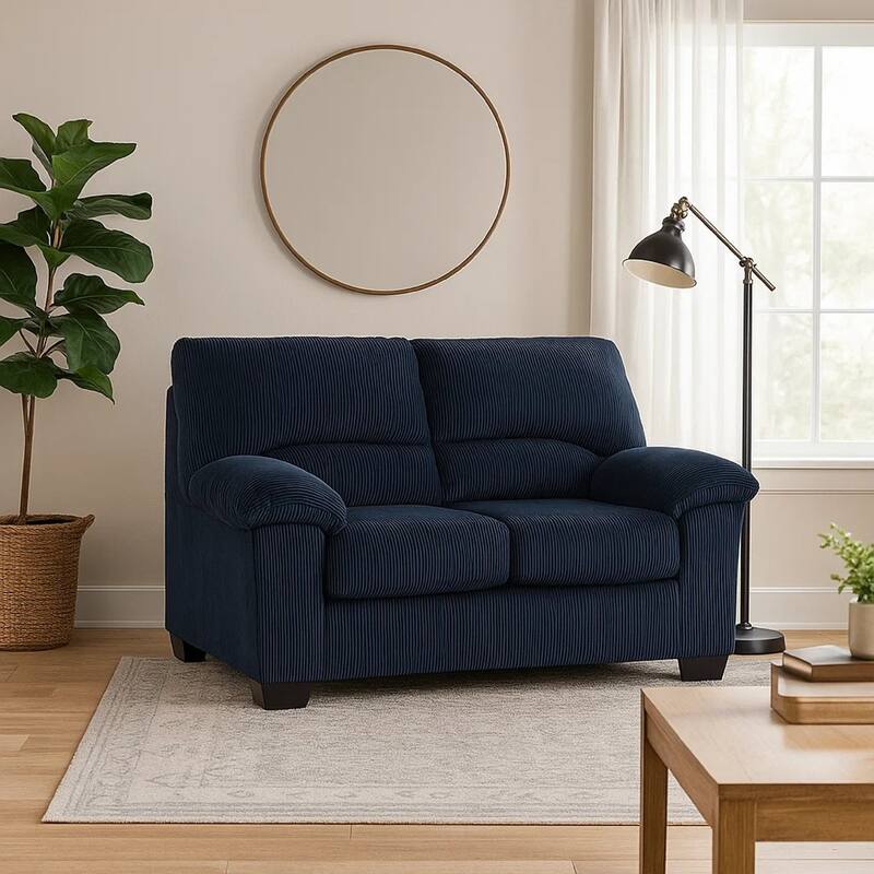 Simy Loveseat, 63 Inch Navy Blue Corduroy, Modern Pillow Top Arms