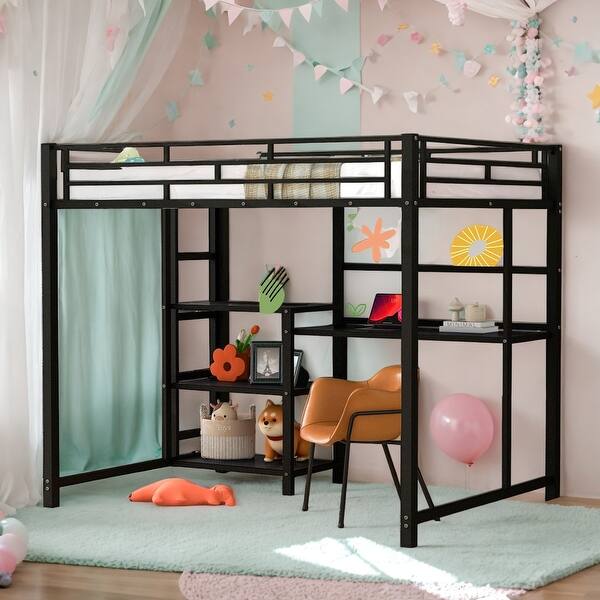 slide 2 of 13, Full Size Loft Bed with Desk, Whiteboard & Shelves - Metal Frame,Space-Saving Design,Black Black