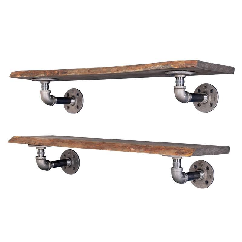 PIPE DECOR Live Edge Reclaimed Wood Shelf with Industrial Pipe Brackets, Set of 2 - 24 in. - Boulder Black