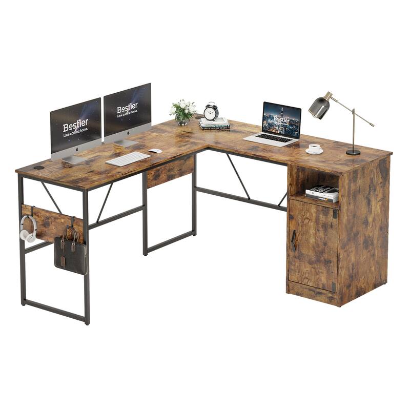 60'' L Shaped Desk with Storage Cabinet Office Computer Desk