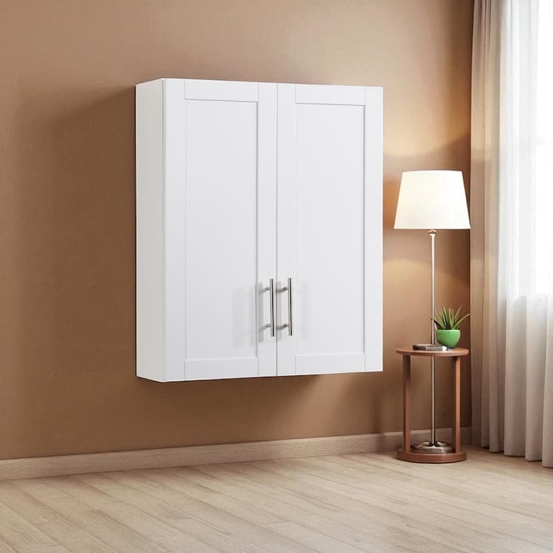 Wall-Mounted Wood Cabinet with 2 Doors and Adjustable Shelves for Bathroom or Kitchen Storage - White