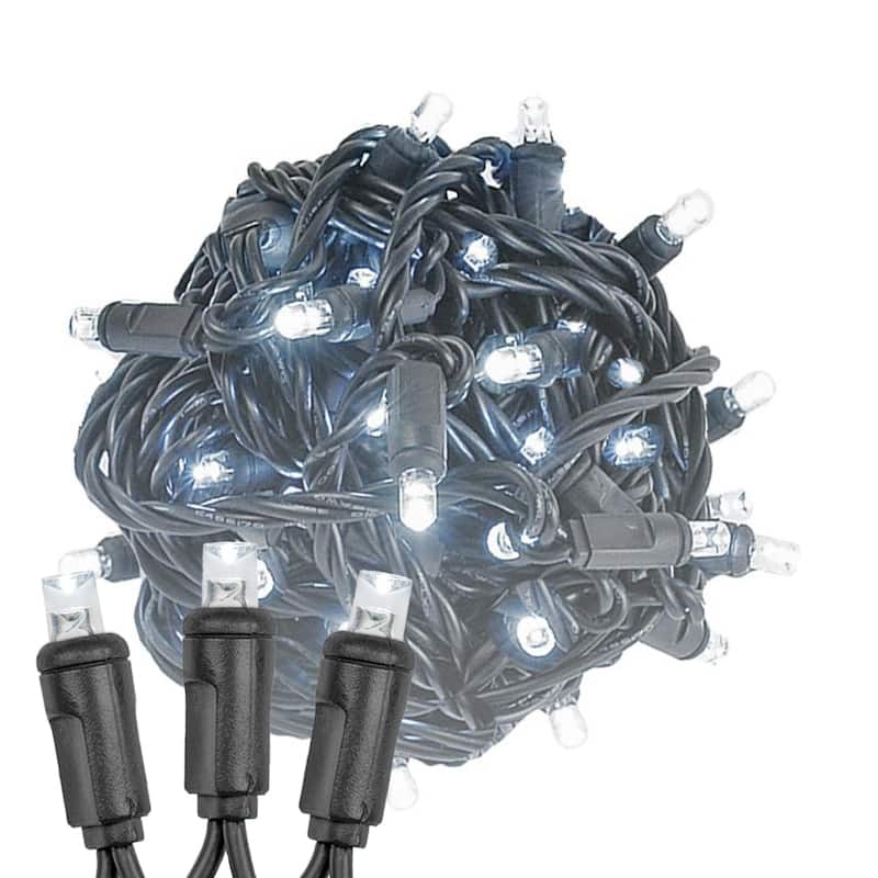 100 Light LED Christmas Mini Light Set, Patio Light, Warm White, Black Wire, 50’ - White