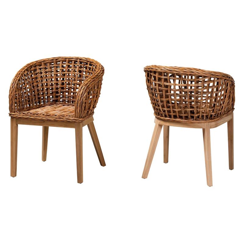 Mario Modern Bohemian Natural Brown Finished Teak Wood and Rattan 2-Piece Chair/ Stool Set - Dining Height