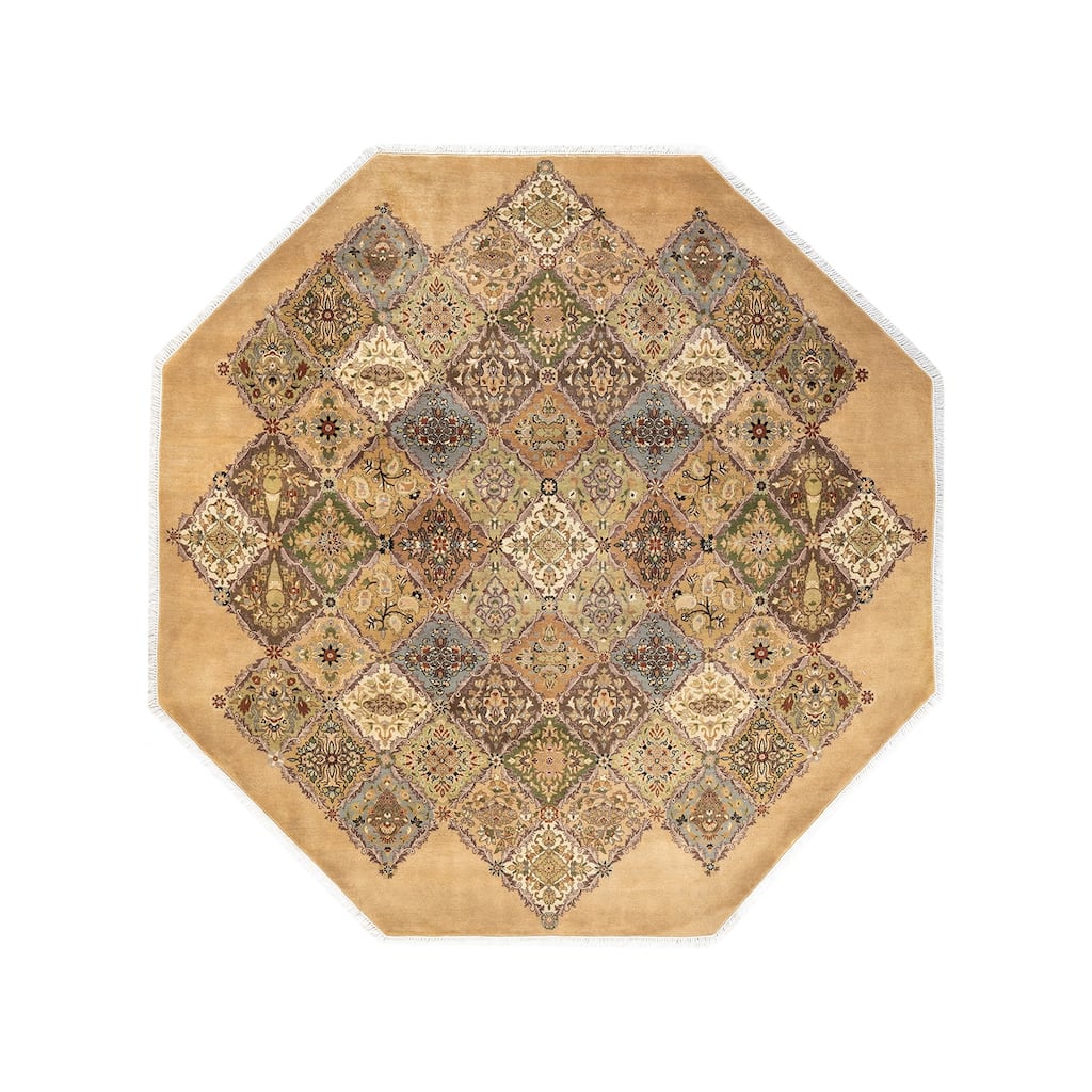 Overton Handknotted Wool Traditional Oriental Yellow Octagon Area Rug - 6' x 9'