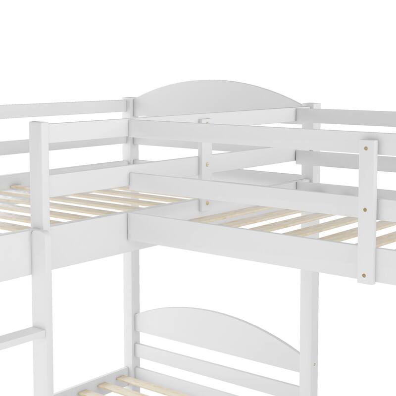 Twin L-Shaped Bunk Bed with Trundle, Wood Platform Bed Frame 2 Bunk Bed with Ladder for Small Living Spaces Multi-Child Families
