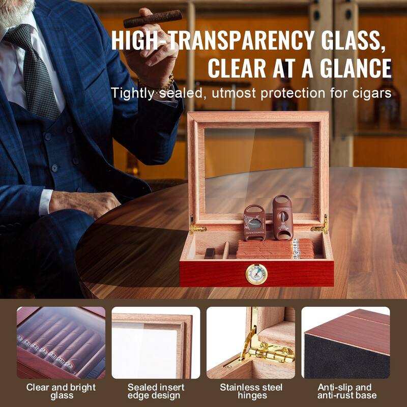 Cigar Humidor, Glass Top Cigar Humidor Box, Handmade Spanish Cedar Wood Cigar Desktop Box, Cigar Storage Case with Humidifier
