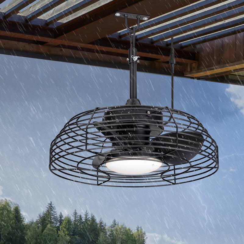 19" Industrial Black Indoor/Outdoor Chandelier Caged Ceiling Fan with Light and Remote