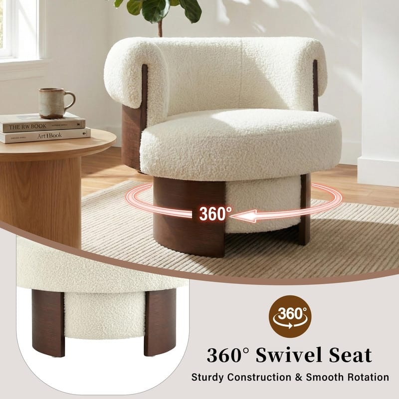 Modern 32'' Curved Sculptural Swivel Barrel Chair, 360° Swivel Base, Upholstered Accent Chair