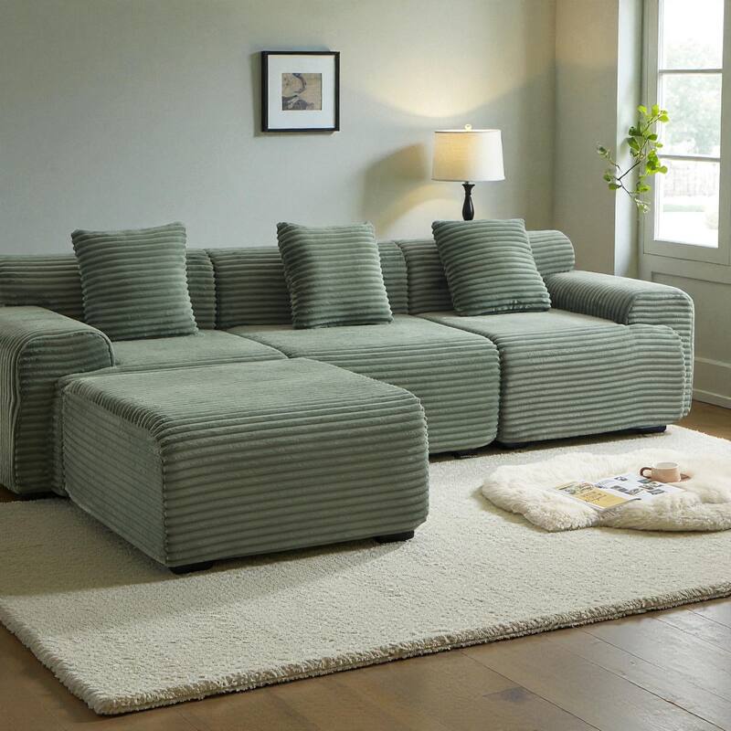 114" Corduroy Modular Sectional Sofa, Boneless Design with 4 Configurable Modules, Wide Backrest & 3 Pillows, No Assembly