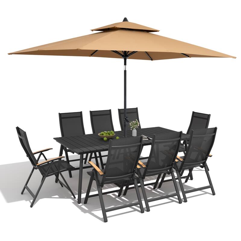 9/11-Piece Outdoor Aluminum Patio Dining Set w/10 ft Umbrella and Base, Rectangle Table and Folding Chairs