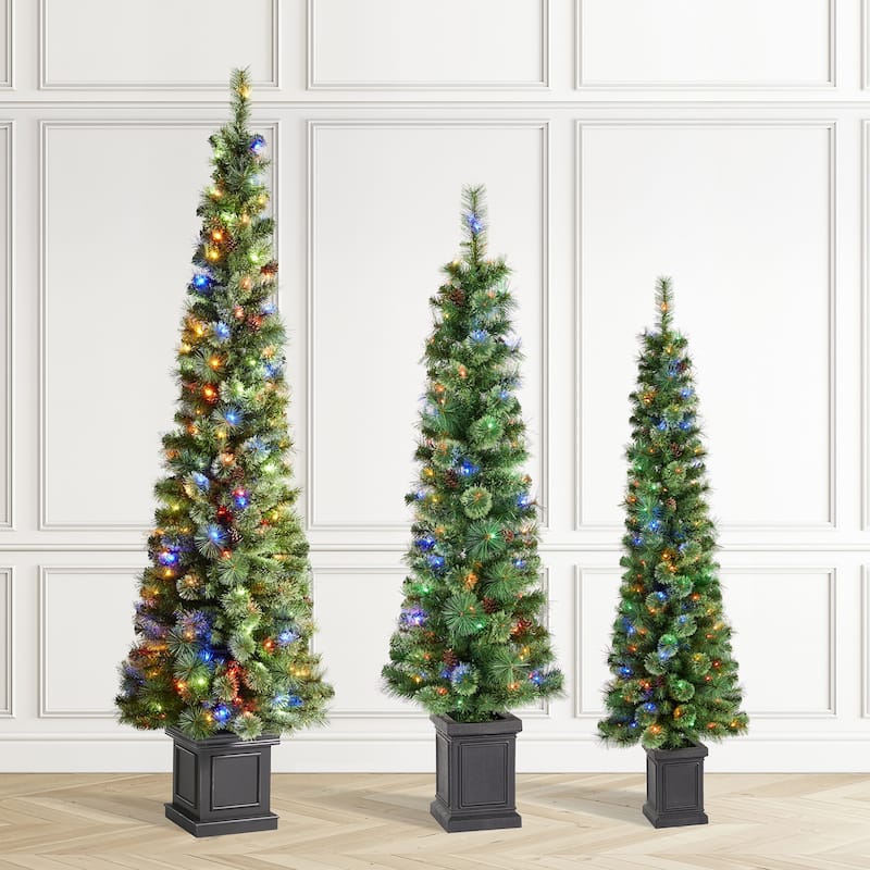 Glitzhome 5ft/6ft/7ft Pre-Lit Green Pine Christmas Potted Porch Tree with LED Lights and Remote Control - Set of 3-5FT&6FT&7FT