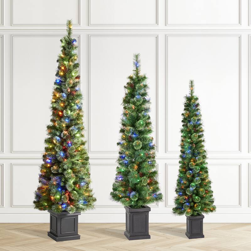 Glitzhome Set of 3 Pre-Lit Green Cashmere Pine Christmas Tree in Planter Artificial Decoration 5FT/6FT/7FT