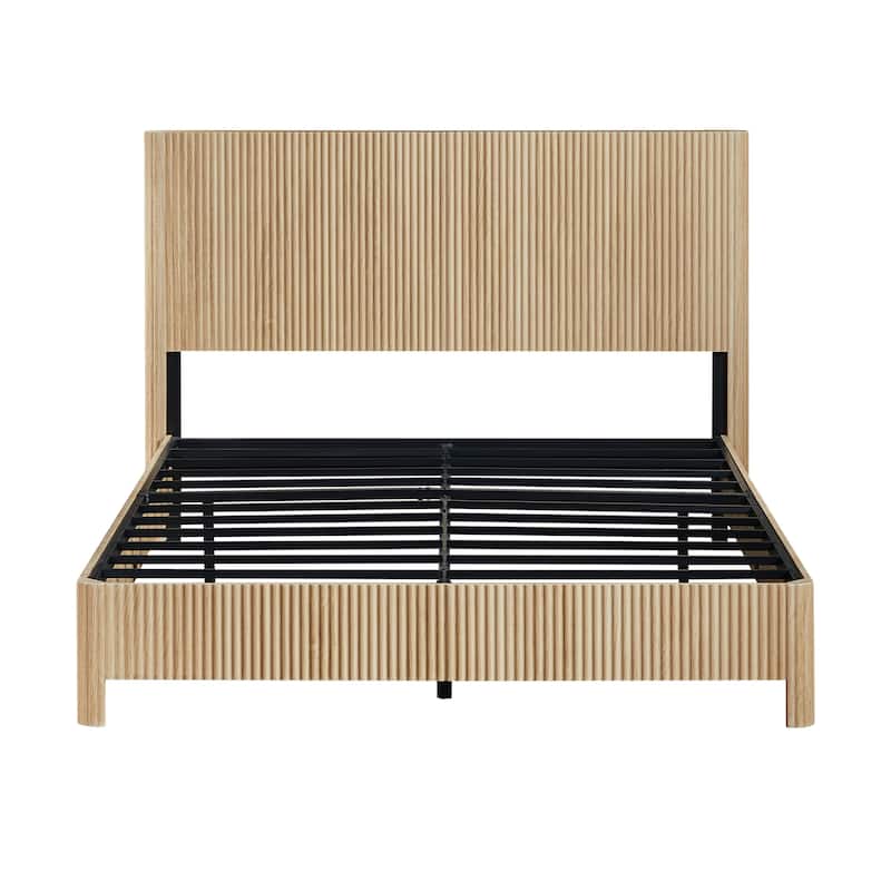 Queen Size Wooden Bed Frame with Corrugated Curved Lines - No Box Spring Needed