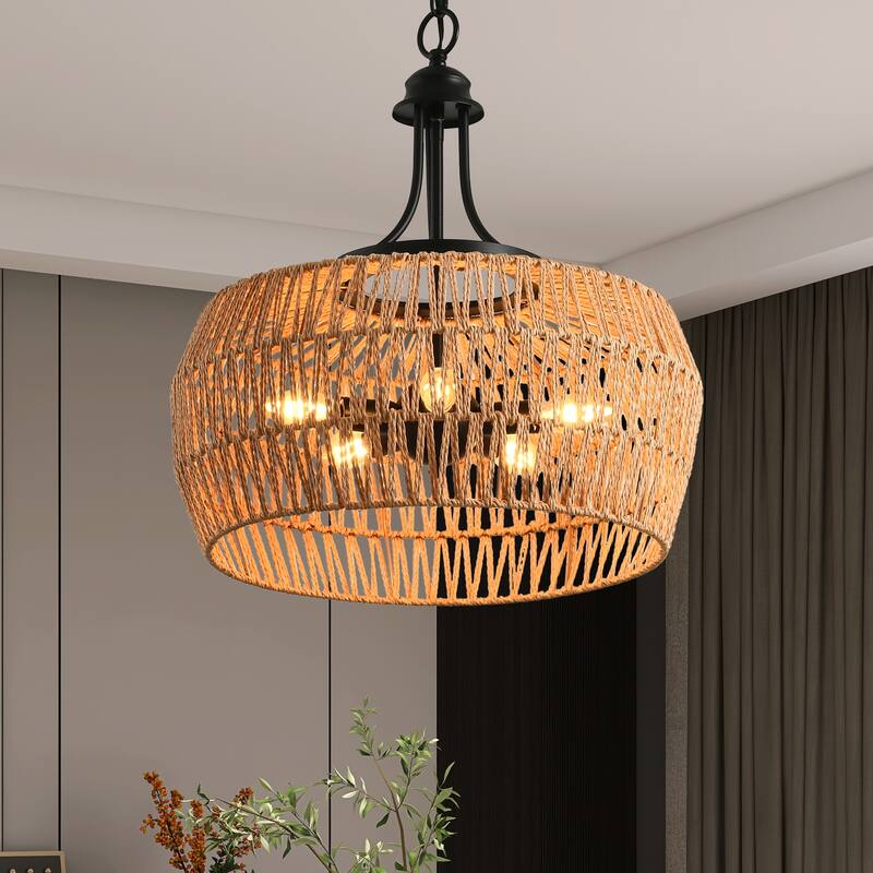 Boho Hemp Rope Pendant Light,with Adjustable Chain, Natural Rope Shade Light, for Restaurants, Cafes, Bars