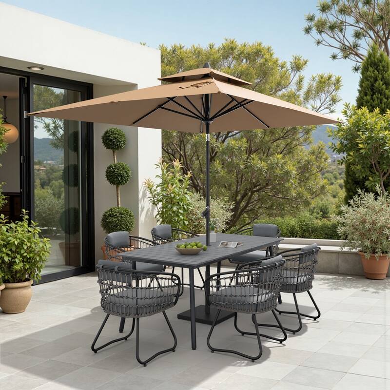 9/11-piece Outdoor Dining Set w/ Umbrella and Base Aluminum Dining Table and PE Rattan Wicker Chairs - Set of 9 - 70.9 inches long grey table
