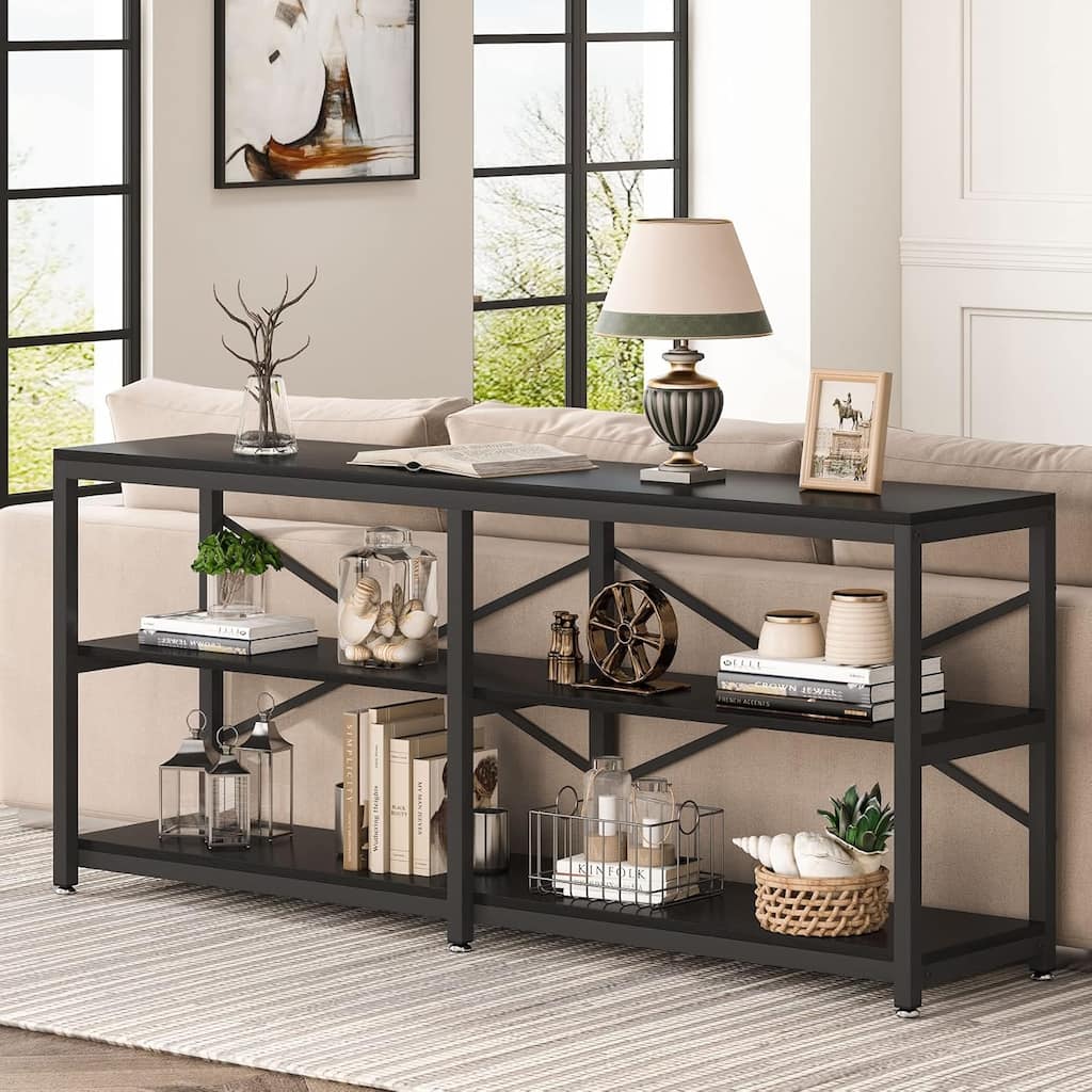 70.9"Industrial 3-Tier Extra Long Console Table with Storage Shelves & Metal Frame & X-Back Design