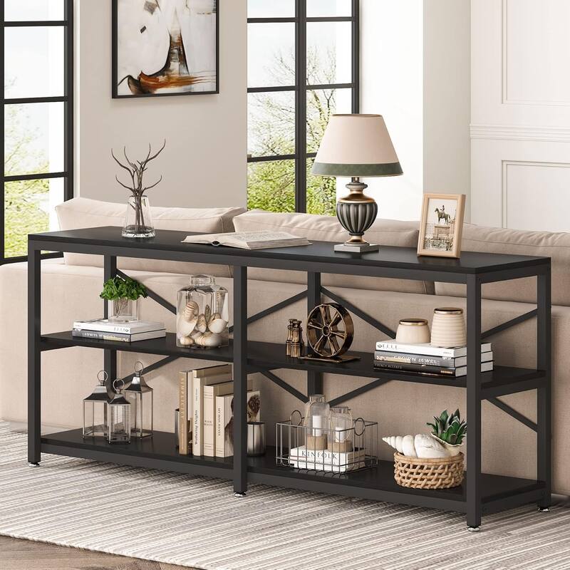 70.9"Industrial 3-Tier Extra Long Console Table with Storage Shelves & Metal Frame & X-Back Design - Black