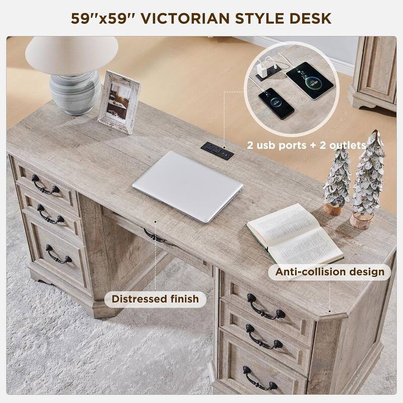 Farmhouse Executive Desk with Drawers, Wood Home Office Computer Desk