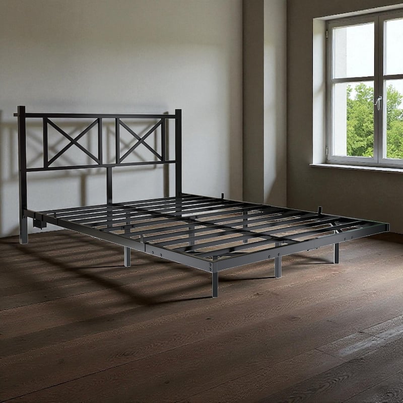 Full/Queen Floating Platform Bed Frame with LED Lights, USB Charging Station, Storage Headboard, Heavy-Duty Steel Slats