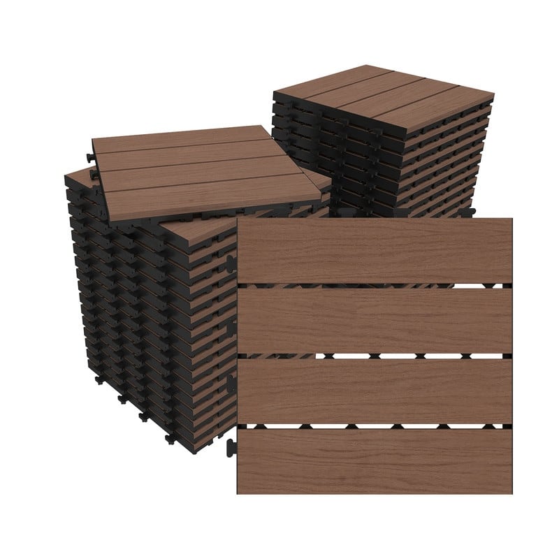 Domi 12" x 12" HDPE Plastic Resin Interlocking Deck Tiles, Waterproof Outdoor Patio Flooring with Drainage Design - 36-Piece - Brown