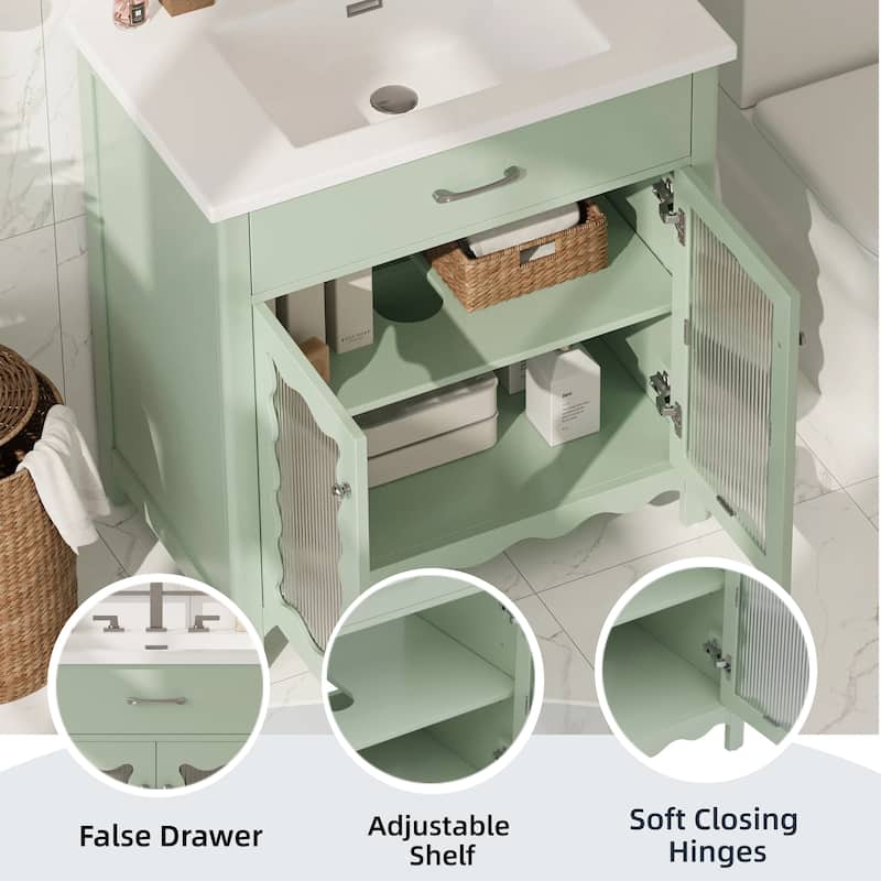 31" Bathroom Vanity with Tempered Glass, Ceramic Sink, Rubber Wood Legs & Soft-Close Doors