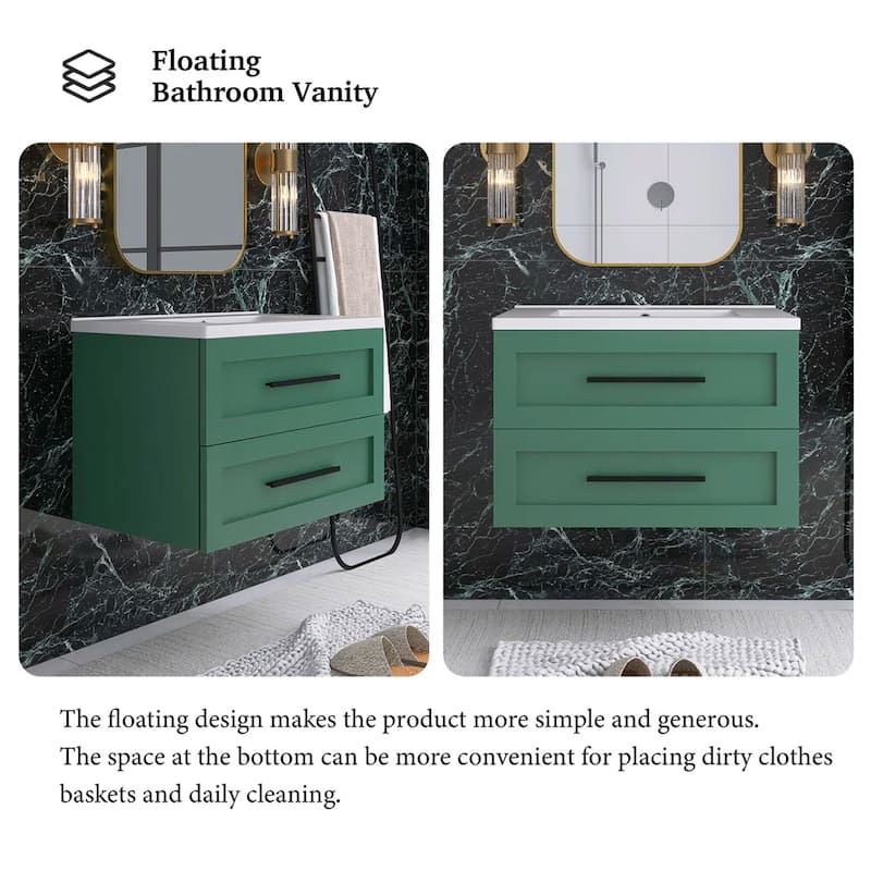 Wall-Mounted Bathroom Vanity in Green with White Ceramic Sink
