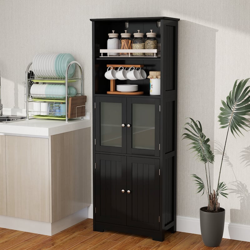 Gymax Bathroom Tall Storage Cabinet Linen Tower w/ Glass Door &