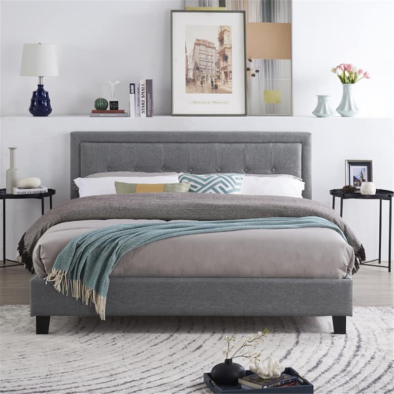 Button Tufted Woven Mid Century Bed Frame with Headboard, Wood Slat Support, No Box Spring Needed, Platform Bed Frame