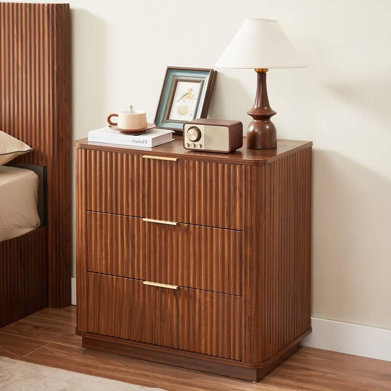 Modern Fluted 3-Drawer Dresser Nightstand with Easy Clean Waterproof Surface (Set of 2)
