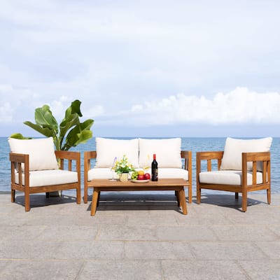 SAFAVIEH Owen 4-Piece Solid Wood Patio Conversation Set - 52"W x 30"D x 25"H
