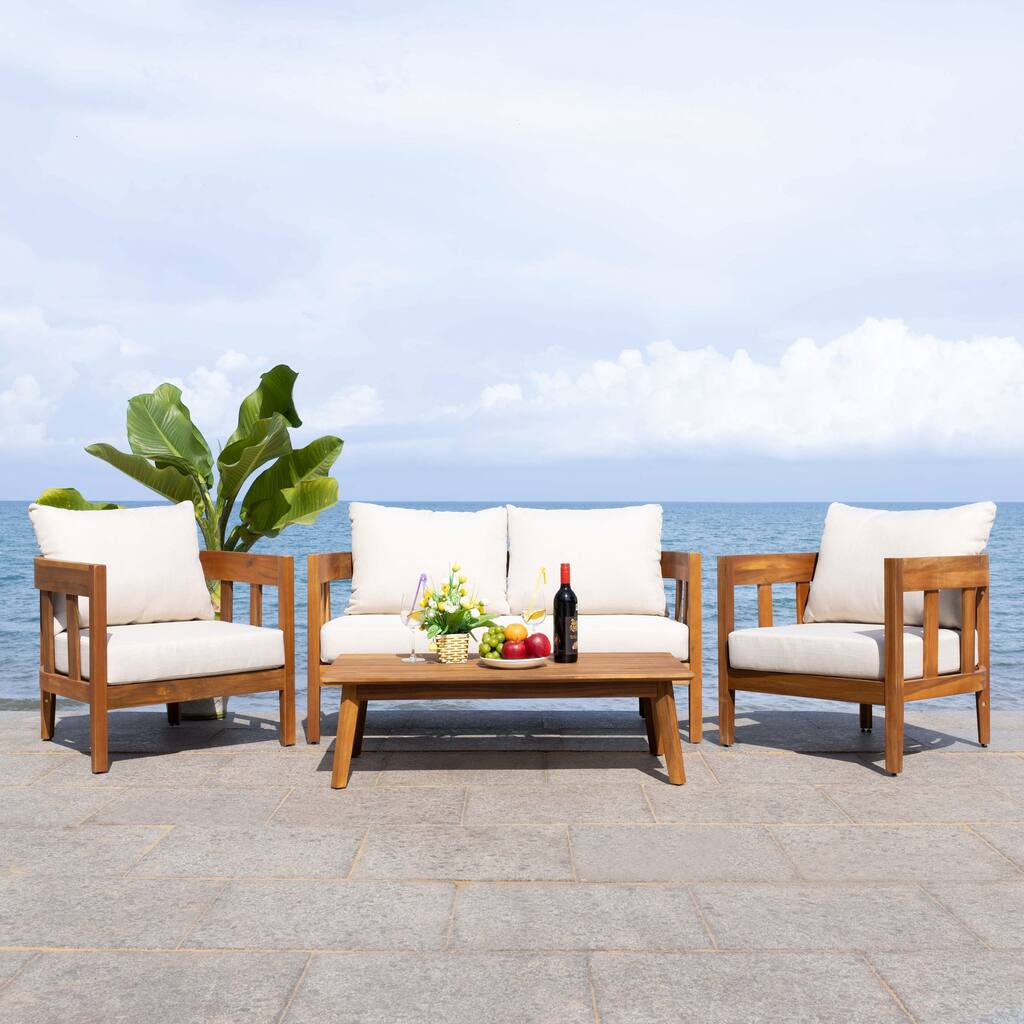 SAFAVIEH Owen 4-Piece Solid Wood Patio Conversation Set - 52"W x 30"D x 25"H