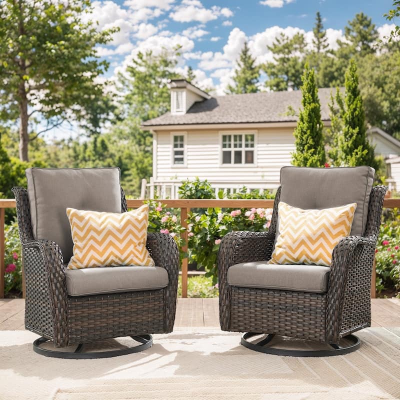 Gymojoy Wicker Swivel Glider Chair Outdoor Rocking Seating with Olefin Cushions - Brown Wicker / Grey Cusion - 2-Piece