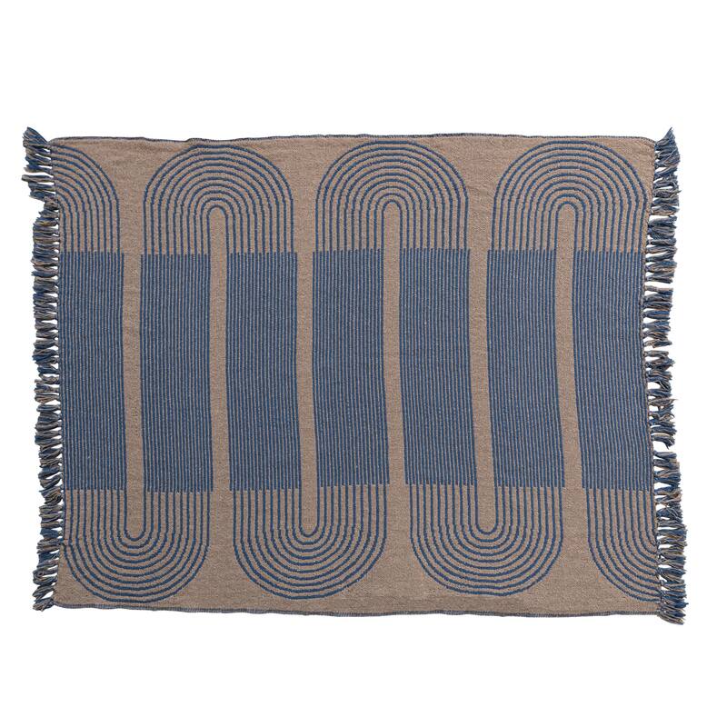 Cotton Throw Blanket with Print and Fringe - Blue - 60.0"L x 50.0"W x 0.3"H