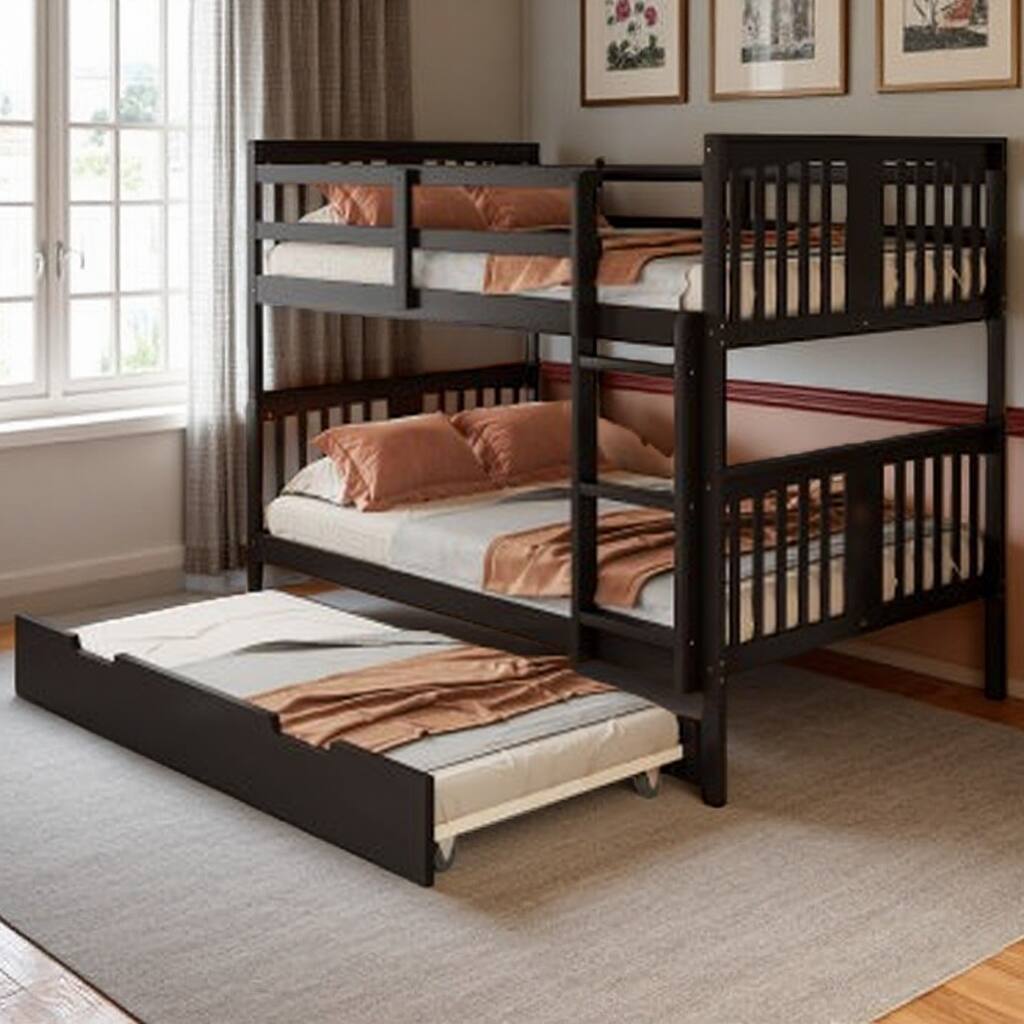 Full Over Full Solid Wood Bunk Bed with Twin Trundle, Ladder, and Guardrails, Versatile Design for Sleepovers and Extra Storage