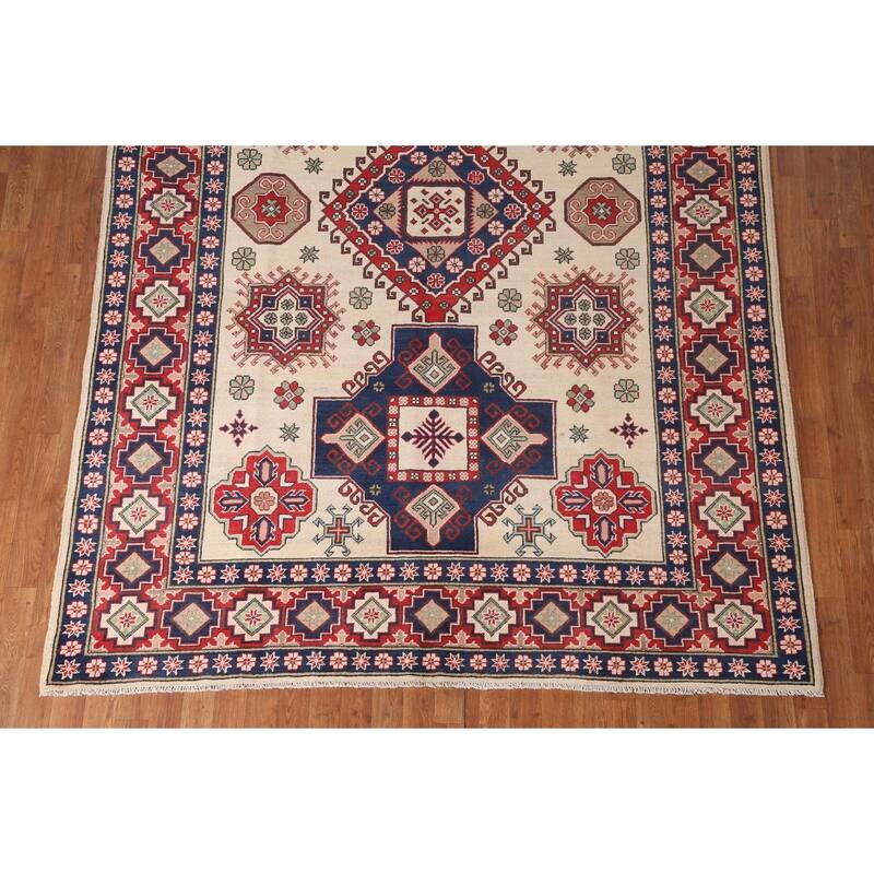 Ivory Geometric Kazak Area Rug Handmade Wool Carpet - 6'8" x 9'6"