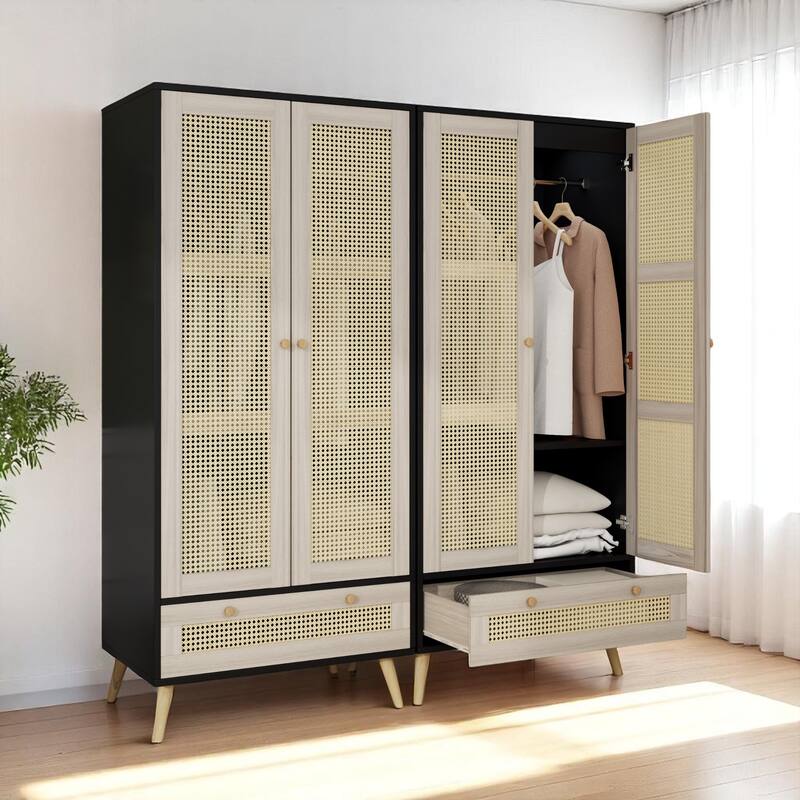 70.8" Tall Wardrobe Closet with Rattan Doors and Drawer, Boho Armoire Cabinet with Hanging Rod for Bedroom Storage