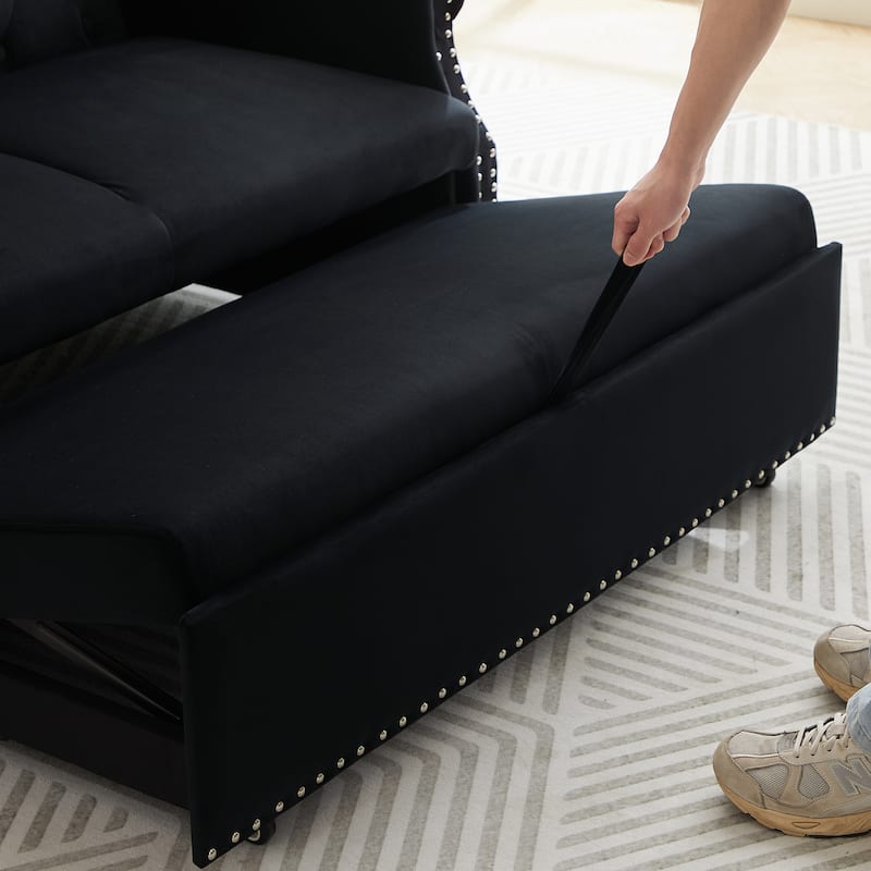 Velvet Pull Out Loveseat Sofa Convertible Sleeper Loveseat Bed with 2 Pillows Rivet Arm Lounge Couch Tufted Sofa