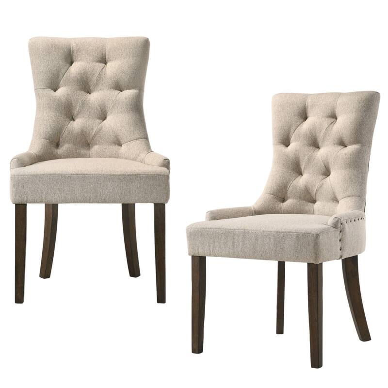 HomeRoots Set of Two Tufted Beige and Oak Upholstered Fabric And Solid Wood Dining Side Chairs