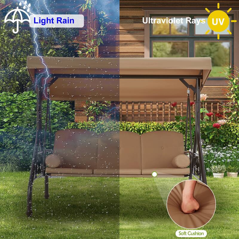 3-Seat Outdoor Porch Swing with Adjustable Canopy & Stand, Convertible Bed, All-Weather, Thickened Cushions & Cup Holders