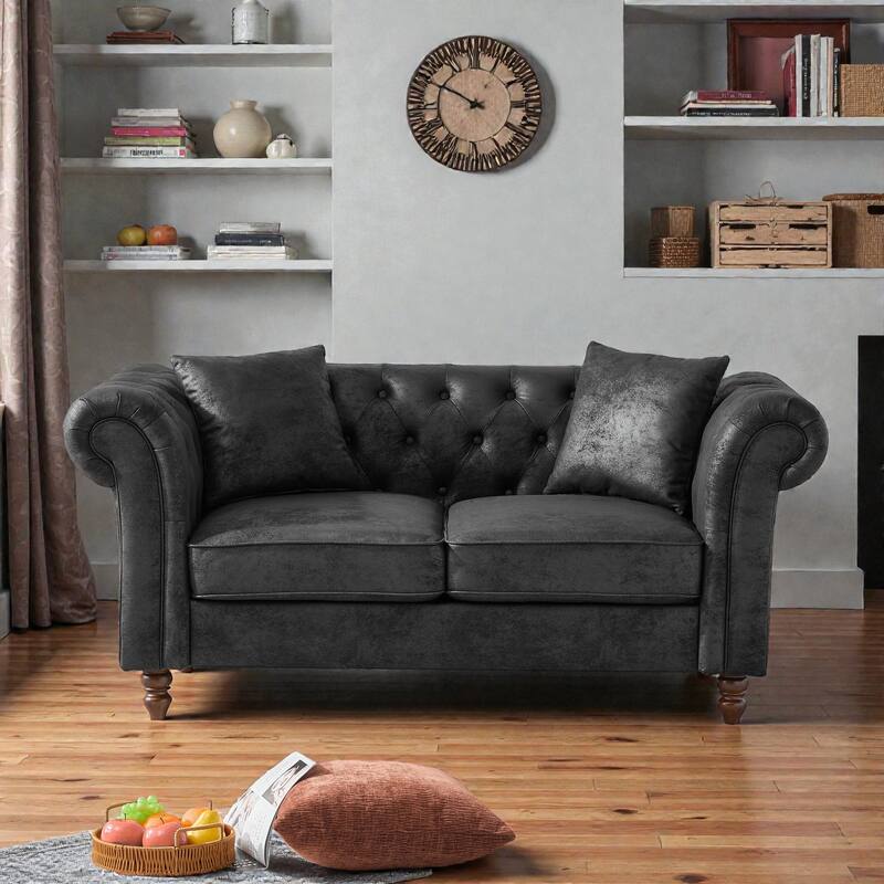 66" Chesterfield Tech Fabric Sofa, Rolled Arm 2-Seater Upholstered Couch for Living Room, Office & Apartments - Black