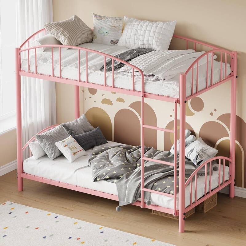 Bunk Bed Twin Over Twin with Stairs and Arched Guardrail for Bedroom and Small Space - Pink