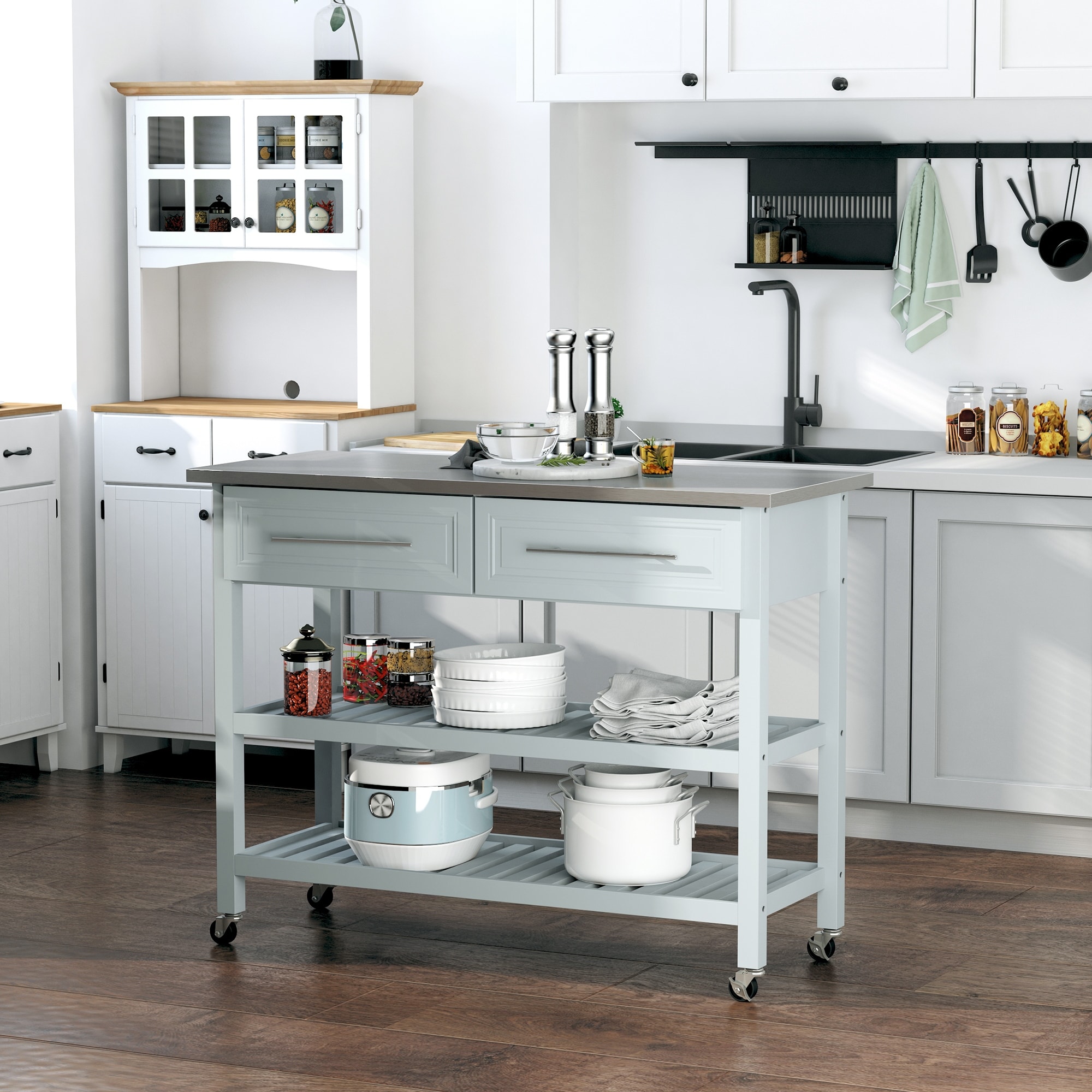 Stainless steel kitchen deals island with stools