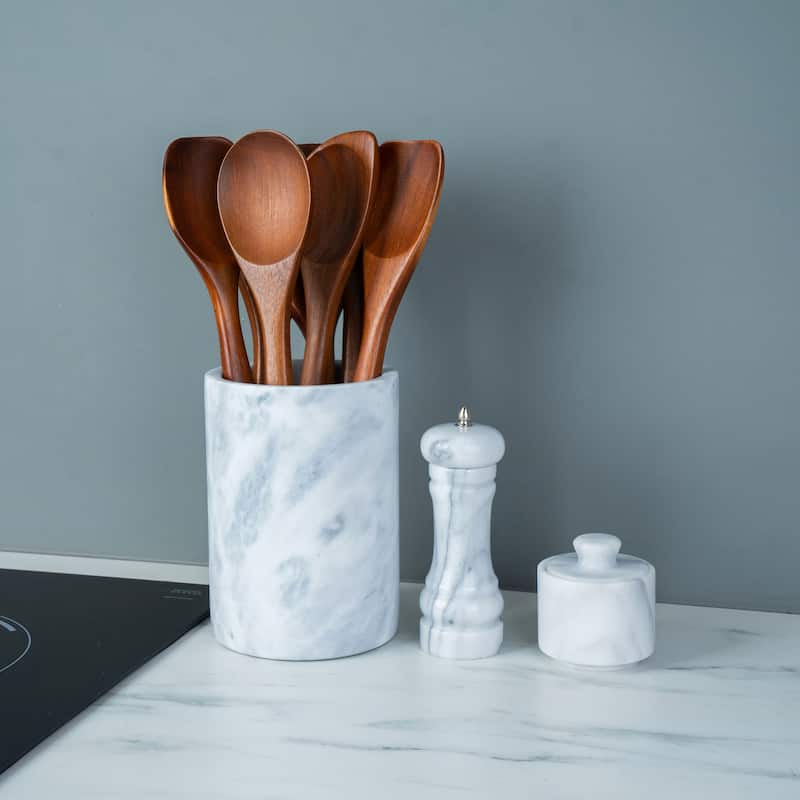 Creative Home Natural Off-White Marble Multi-Functional Tool Crock, Utensil Holder, Counter Top Organizer, 5" Diam. x 7" H