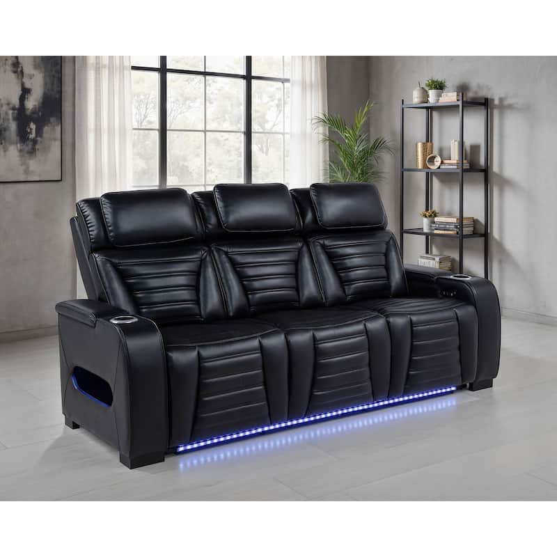 Zuma Faux Leather Dual Power Reclining LED Sofa Black