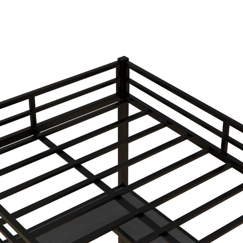 Black Full Size Metal Size Loft Bed with Desk and Shelves, Loft Bed with Ladder and Guardrails, Loft Bed Frame for Bedroom