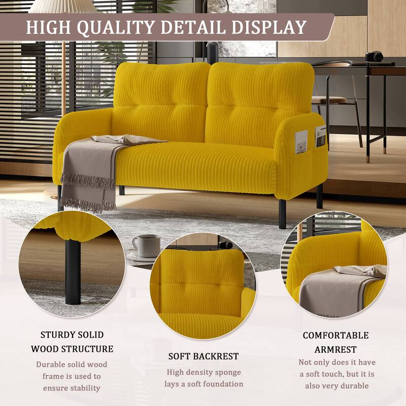 HOMEFUN Corduroy Upholstered Tufted Comfortable Wood Frame Loveseats Sofa with Double Side Pocket
