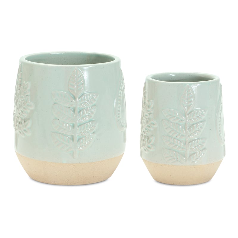 Two-Tone Porcealin Planter with Leaf Design (Set of 2)