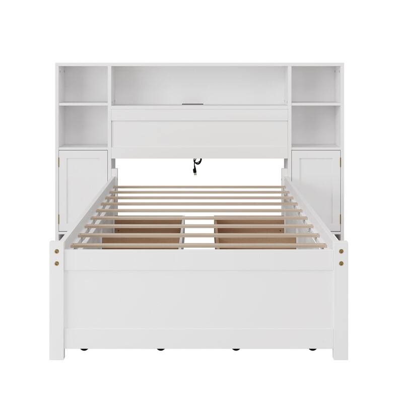 White Wooden Storage Bed with Tall Extended Bookcase Headboard, 6 Drawers and Charging Station