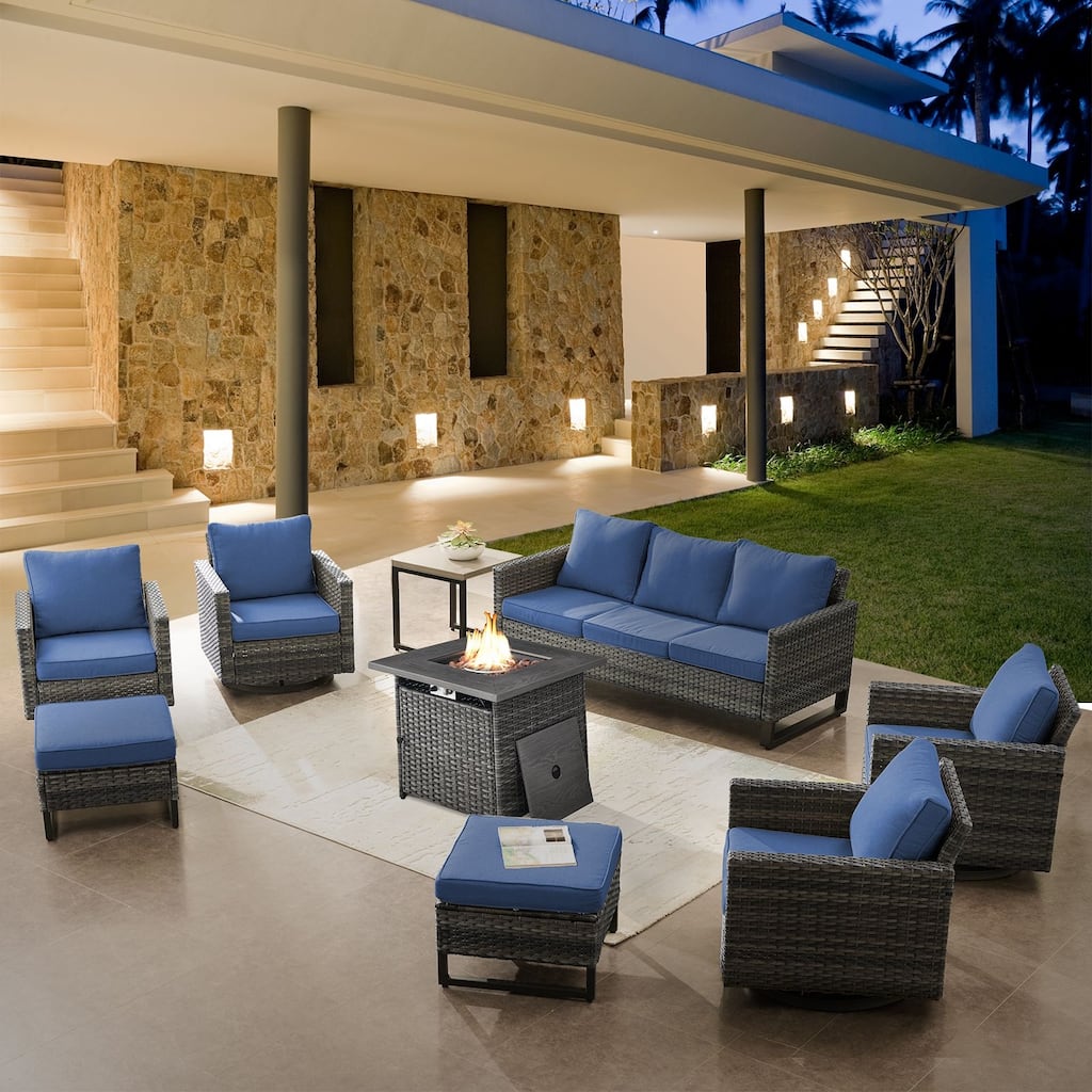 4 Patio Swivel Chairs with Sofa and Fire Pit Table