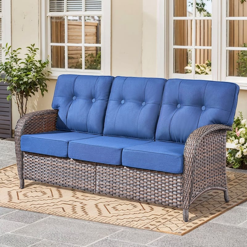 3 Seats Outdoor PE Wicker Sofa - Brown Wicker & Grey Cushion